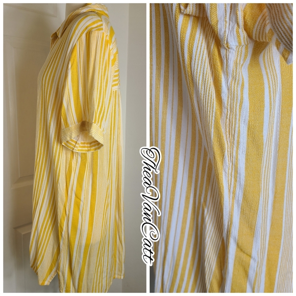 Forever 21 retro yellow stripes short sleeve button down relaxed fit shirt dress - Picture 7 of 8